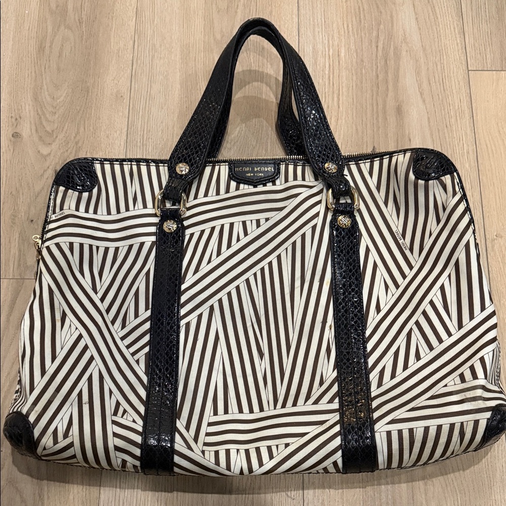 Henri Bendel Black and White Striped Travel Laptop Bag